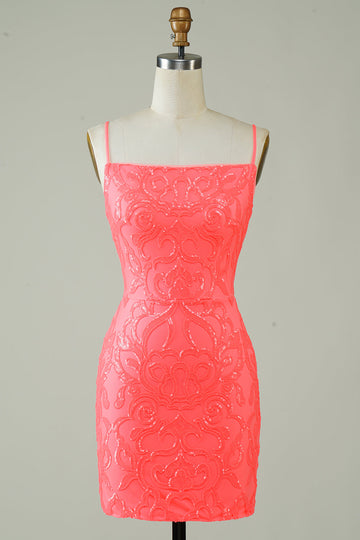 Spaghetti Straps Peach Glitter Tight Short Formal Dress
